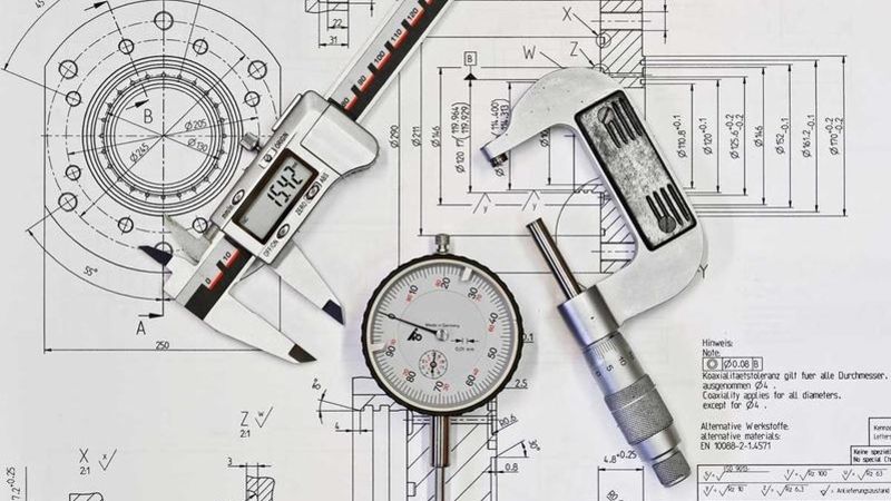 Ein Messschieber und ein Lineal liegen auf einem Bauplan, der technische Zeichnungen zeigt.